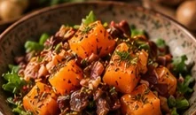 Салат из печёной тыквы с беконом и семечками льна