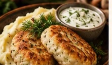 Котлеты из щуки с картофельным пюре и соусом из демидовских огурцов